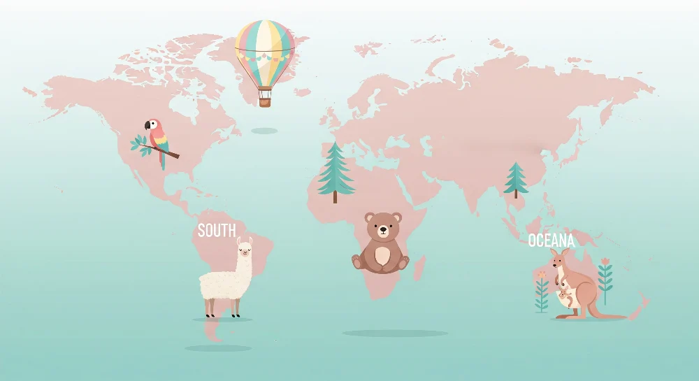 Papel de parede crianç | Colorido mapa do mundo com animais fofos