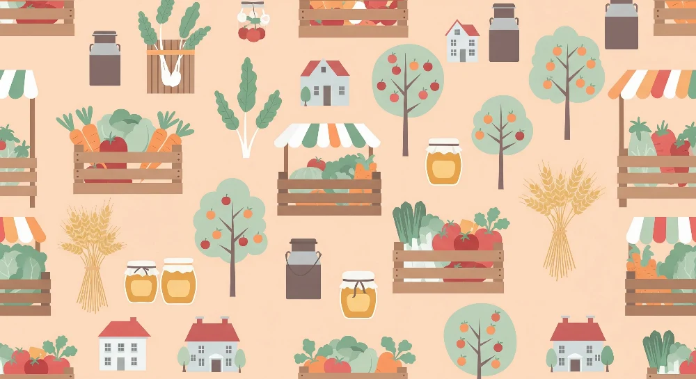 Papel de parede crianç | Colorido mercado com frutas e legumes frescos
