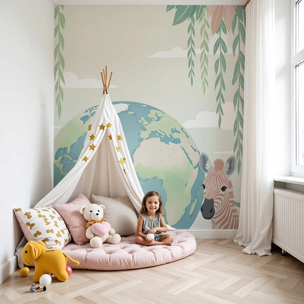 Papel de parede crianç | Colorido mundo com uma girafa e folhagem tropical