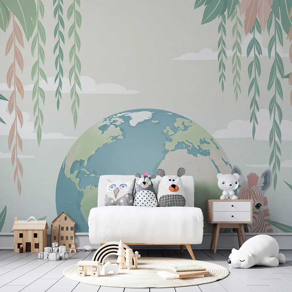 Papel de parede crianç | Colorido mundo com uma girafa e folhagem tropical