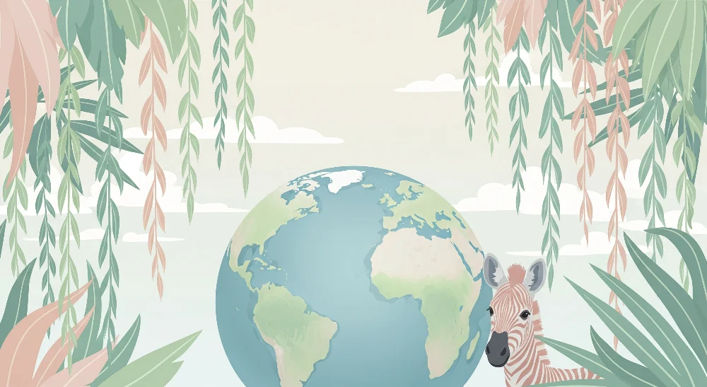 Papel de parede crianç | Colorido mundo com uma girafa e folhagem tropical