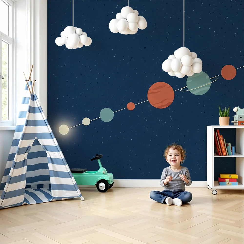 Papel de parede crianç | Colorido sistema solar com planetas estilizados
