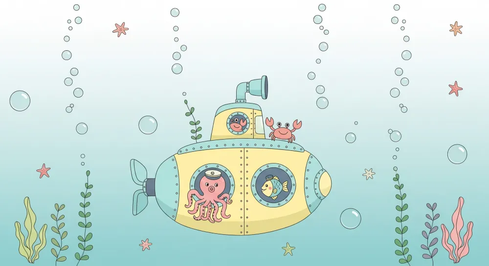Papel de parede crianç | Colorido submarino com animais marinhos divertidos