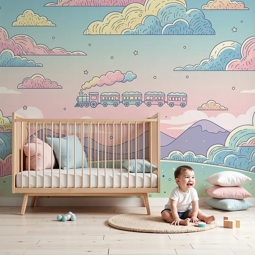 Papel de parede crianç | Colorido trem em um céu pastel com nuvens suaves