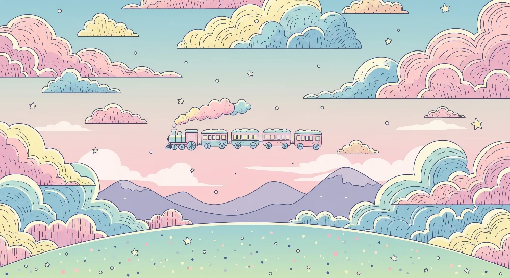 Papel de parede crianç | Colorido trem em um céu pastel com nuvens suaves