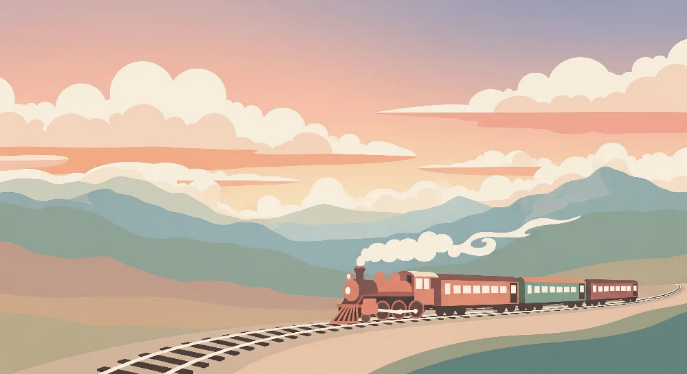 Papel de parede crianç | Colorido trem viajando através de montanhas tranquilas