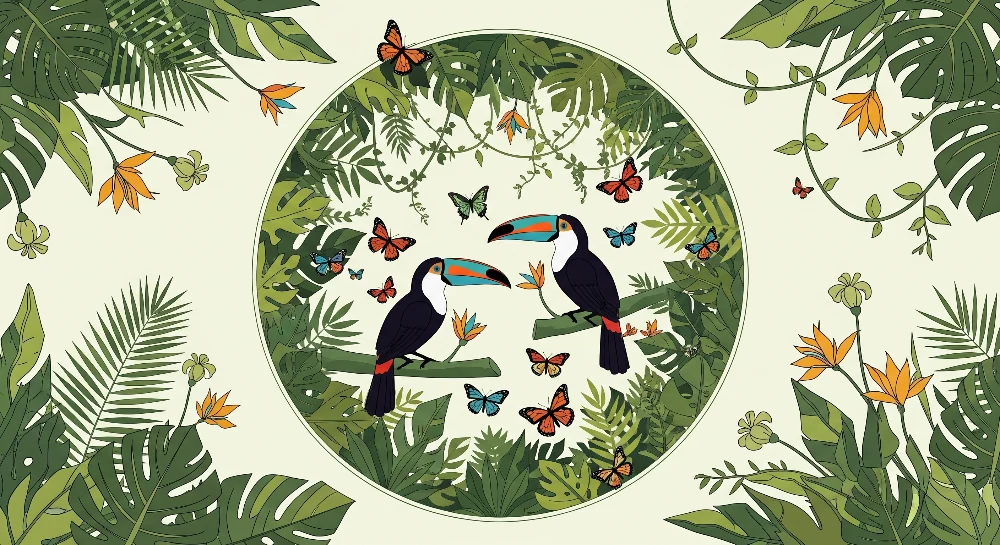 Papel de parede crianç | Colorido tucano e borboletas em uma selva luxuriante