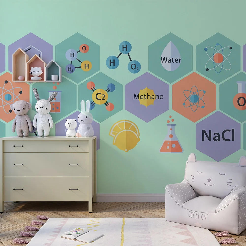 Papel de parede crianç | Colorido universo científico com elementos químicos e moléculas