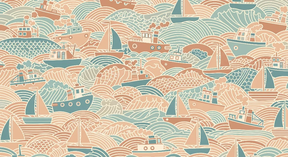 Papel de parede crianç | Coloridos barcos navegando em ondas estilizadas