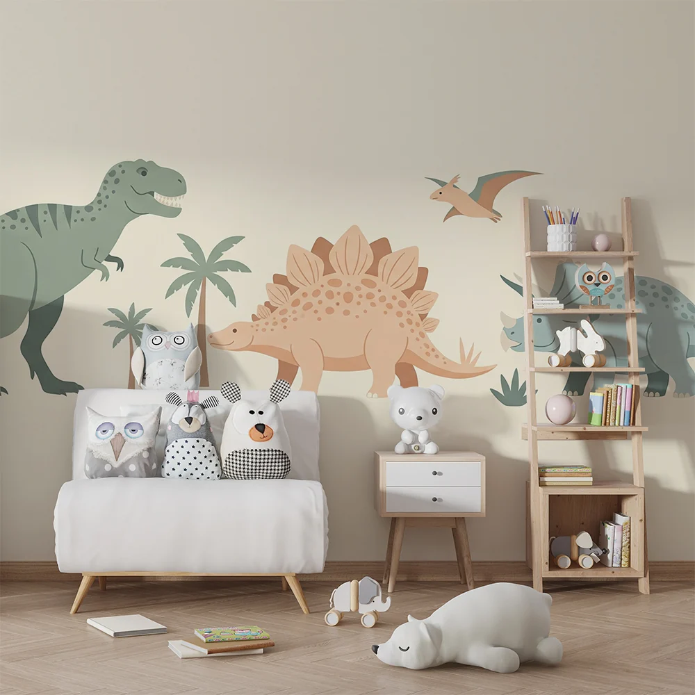 Papel de parede crianç | Coloridos dinossauros num cenário pré-histórico