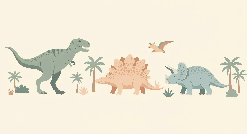 Papel de parede crianç | Coloridos dinossauros num cenário pré-histórico