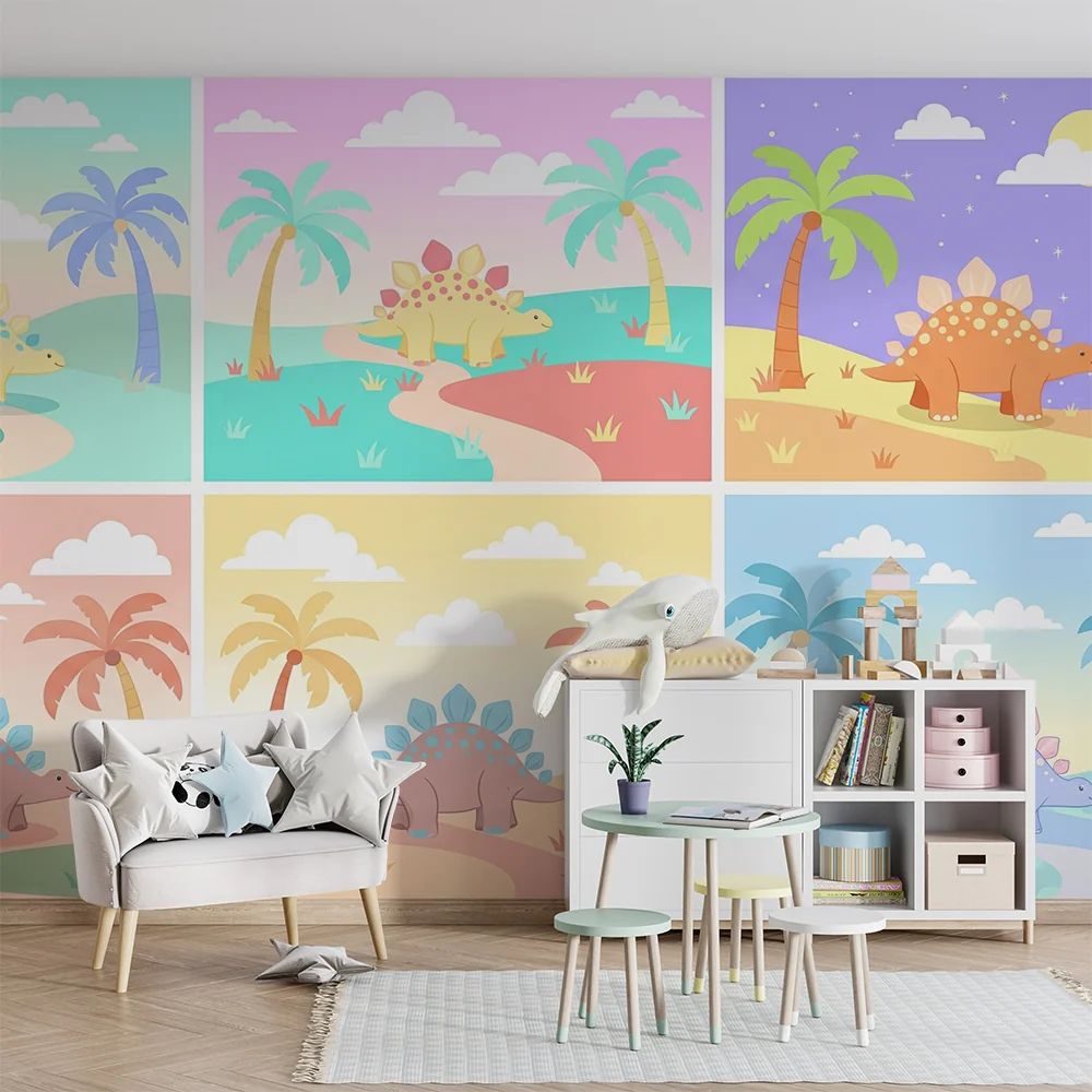 Papel de parede crianç | Coloridos dinossauros e paisagens tropicais