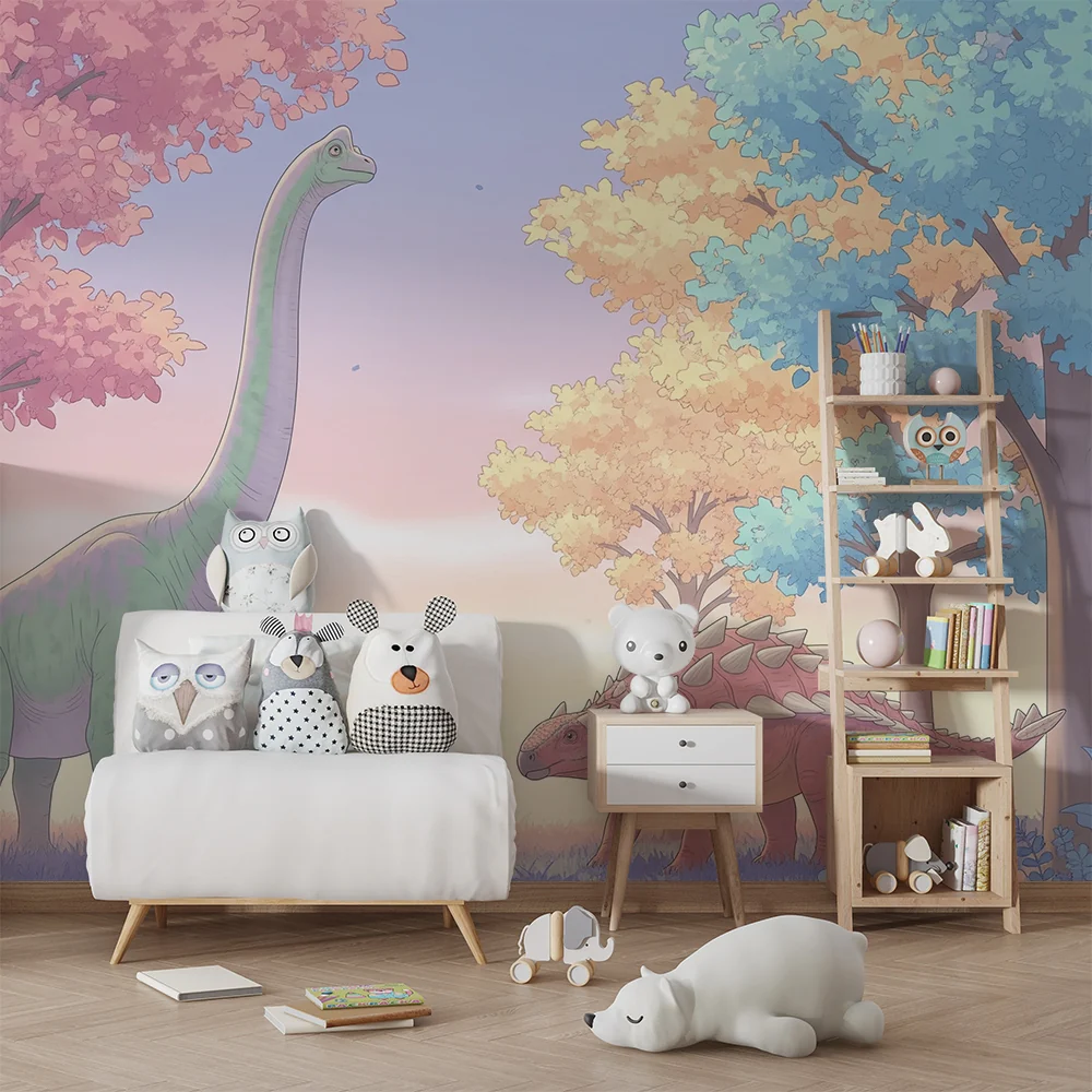 Papel de parede crianç | Coloridos dinossauros sob um céu pastel
