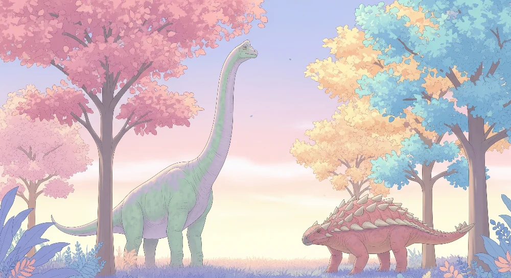 Papel de parede crianç | Coloridos dinossauros sob um céu pastel