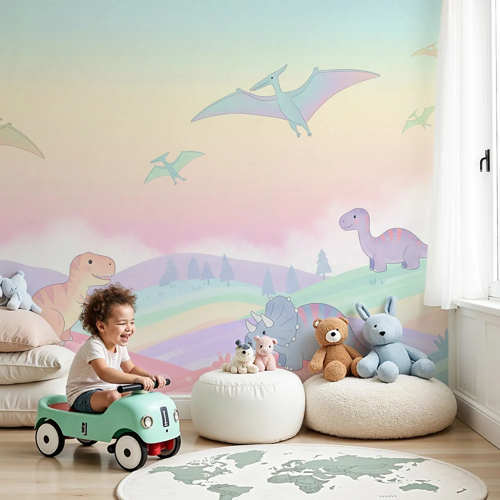 Papel de parede crianç | Coloridos dinossauros em uma paisagem pastel