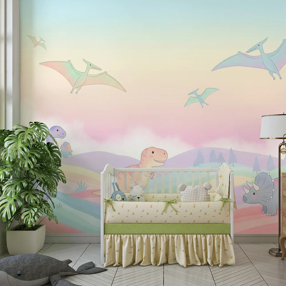 Papel de parede crianç | Coloridos dinossauros em uma paisagem pastel