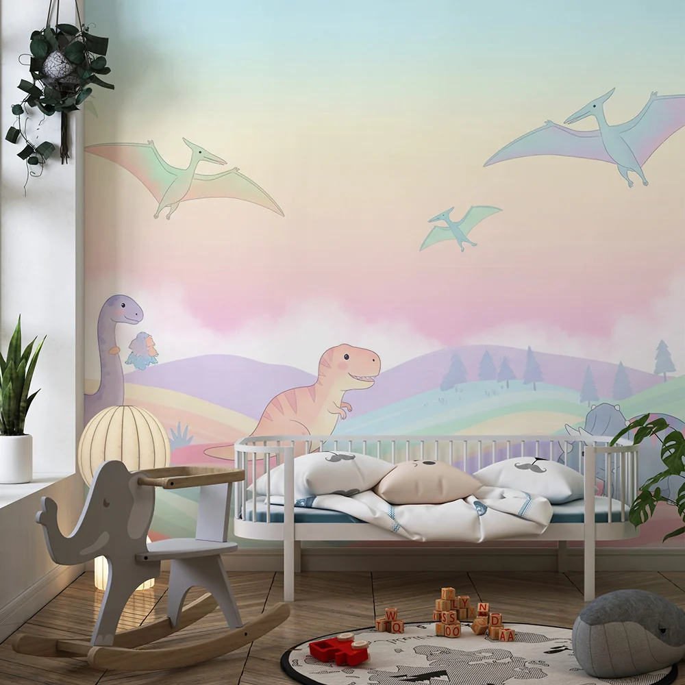 Papel de parede crianç | Coloridos dinossauros em uma paisagem pastel