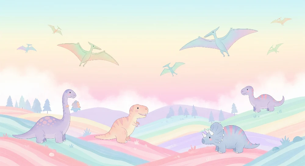 Papel de parede crianç | Coloridos dinossauros em uma paisagem pastel