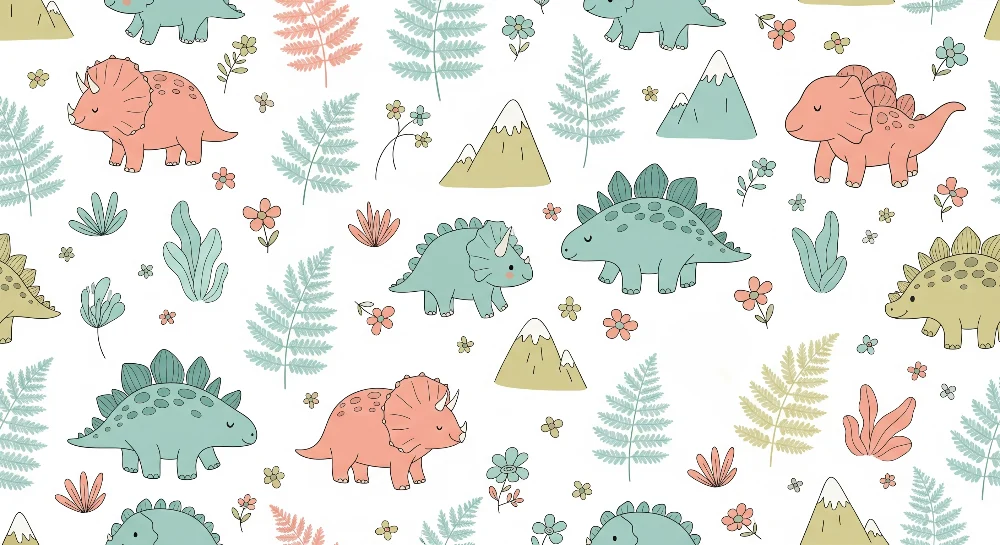 Papel de parede crianç | Coloridos dinossauros e vegetação lúdica