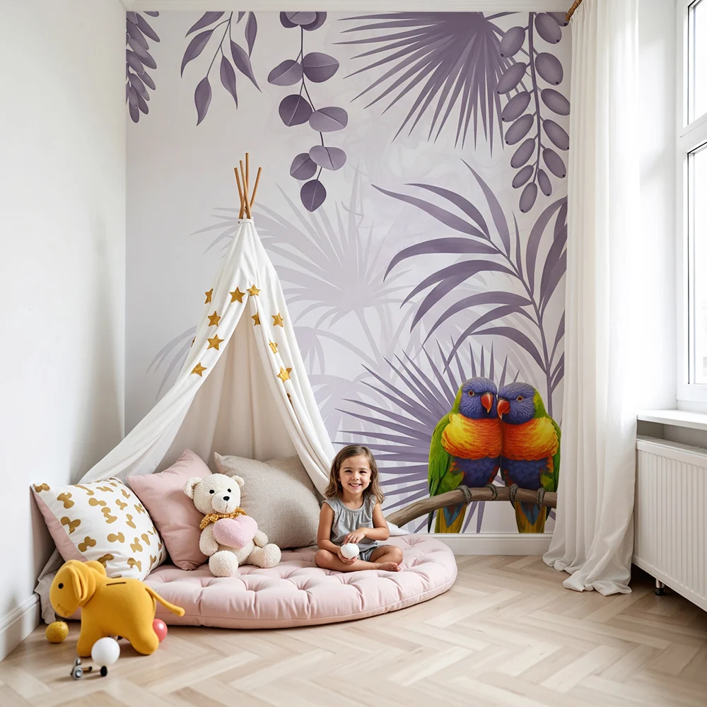 Papel de parede crianç | Coloridos papagaios e folhagem tropical em tons suaves