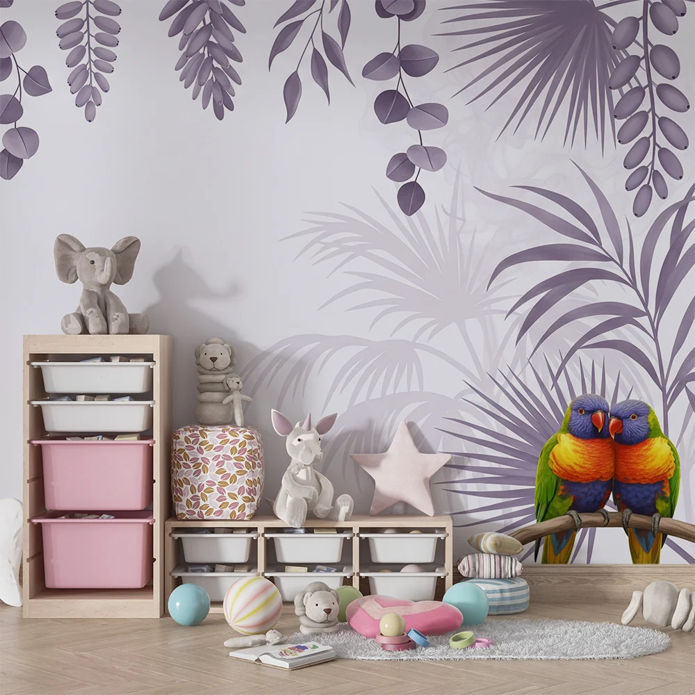 Papel de parede crianç | Coloridos papagaios e folhagem tropical em tons suaves