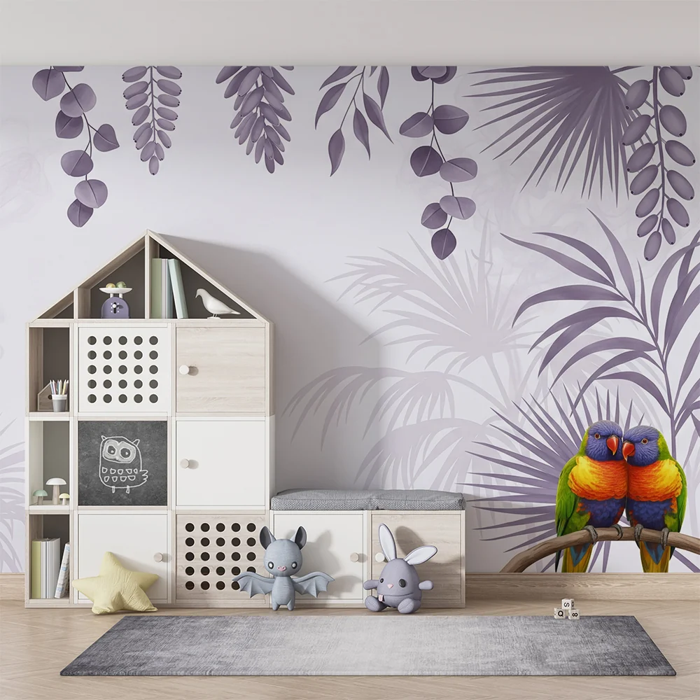 Papel de parede crianç | Coloridos papagaios e folhagem tropical em tons suaves