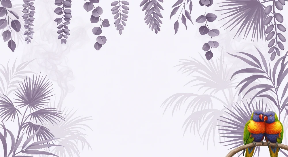 Papel de parede crianç | Coloridos papagaios e folhagem tropical em tons suaves