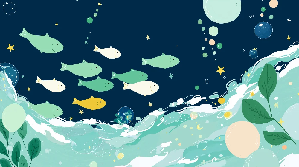 Papel de parede crianç | Coloridos peixes e ondas do mar em fundo azul escuro