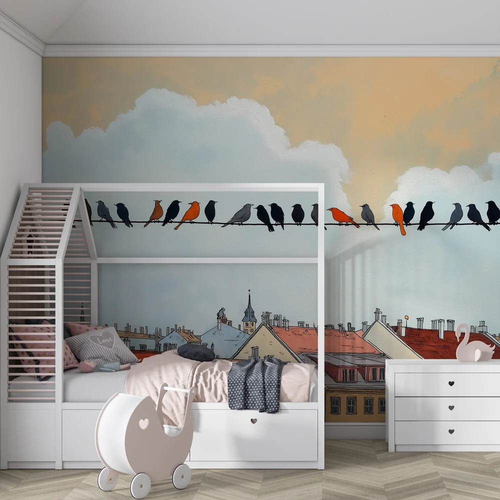 Papel de parede crianç | Coloridos pássaros em um fio elétrico