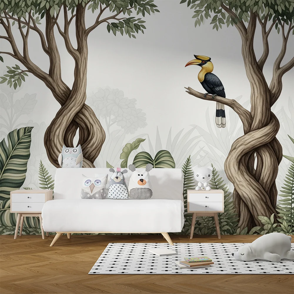 Papel de parede crianç | Coloridos pássaros e folhagem exuberante em uma selva tranquila