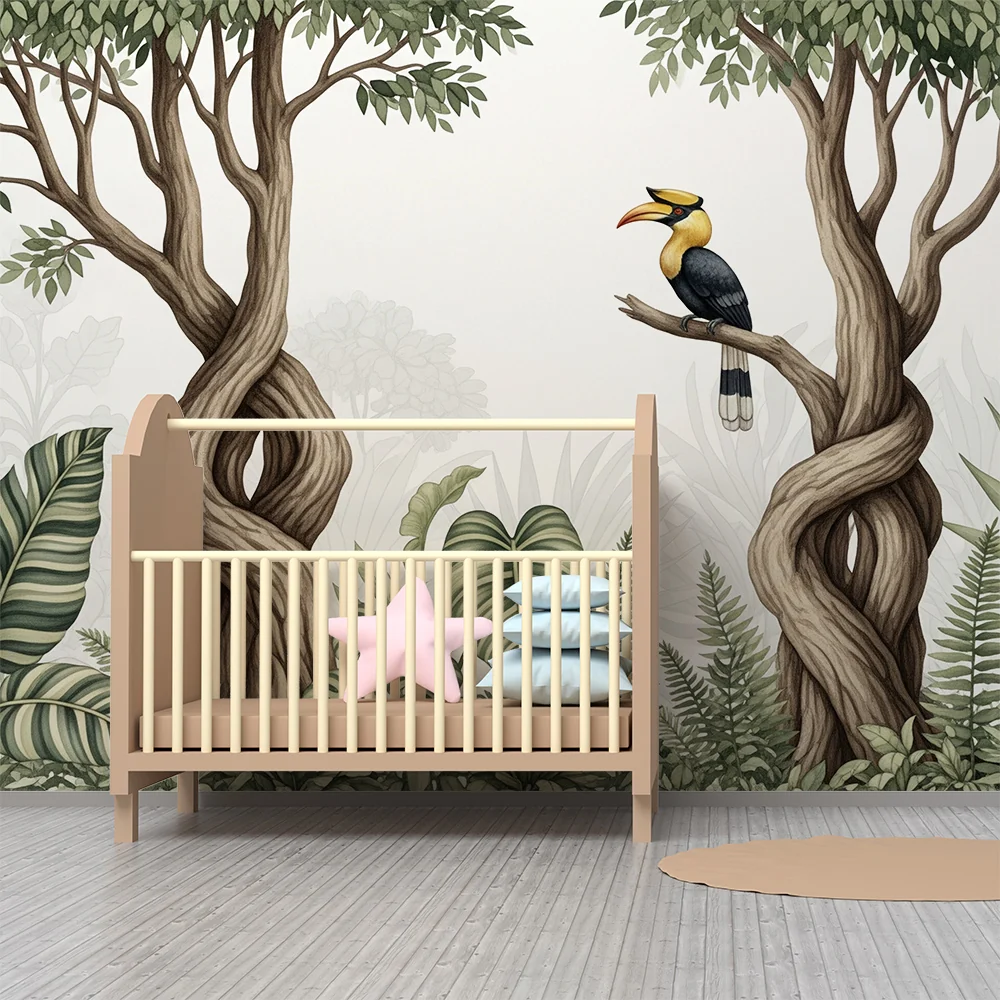 Papel de parede crianç | Coloridos pássaros e folhagem exuberante em uma selva tranquila