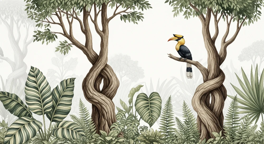 Papel de parede crianç | Coloridos pássaros e folhagem exuberante em uma selva tranquila
