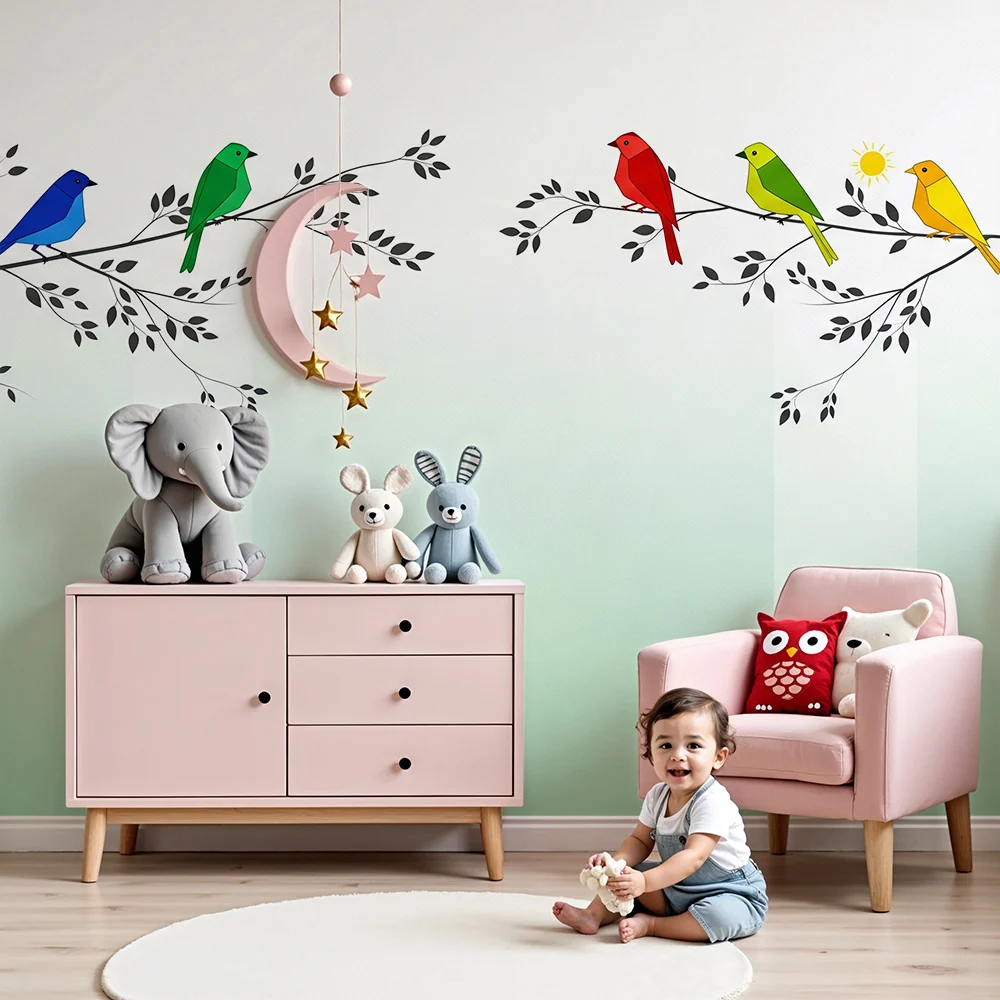 Papel de parede crianç | Coloridos pássaros em galhos com um degradê suave