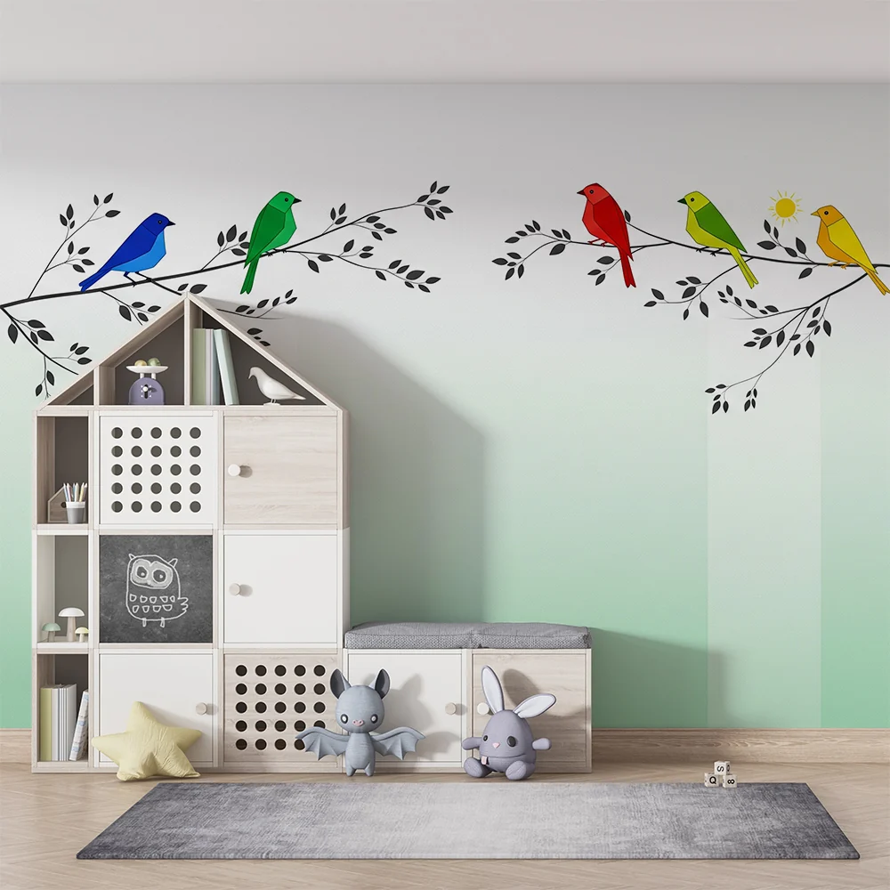 Papel de parede crianç | Coloridos pássaros em galhos com um degradê suave
