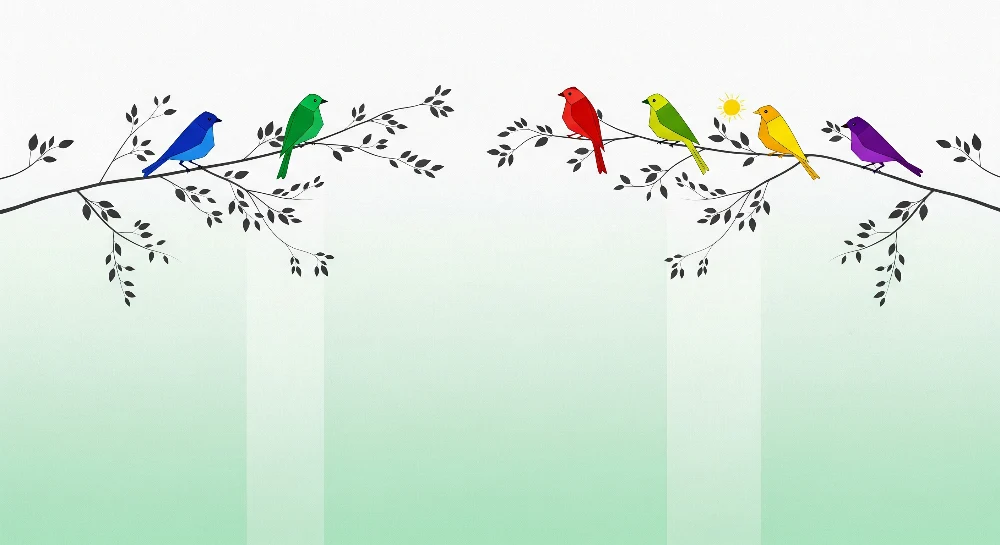 Papel de parede crianç | Coloridos pássaros em galhos com um degradê suave