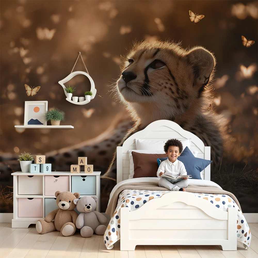 Papel de parede crianç | Contemplative cheetah surrounded golden butterflies