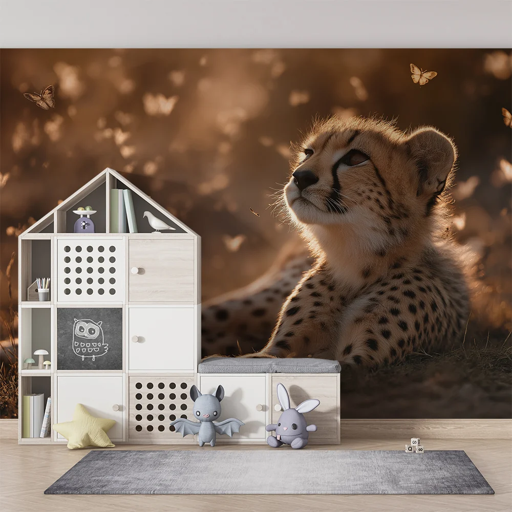 Papel de parede crianç | Contemplative cheetah surrounded golden butterflies