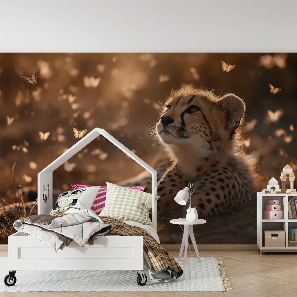 Papel de parede crianç | Contemplative cheetah surrounded golden butterflies