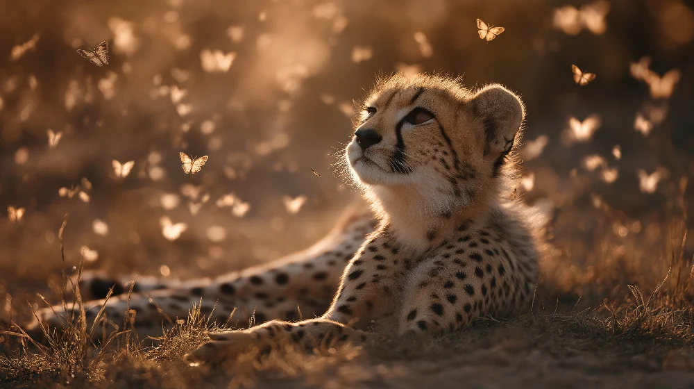 Papel de parede crianç | Contemplative cheetah surrounded golden butterflies