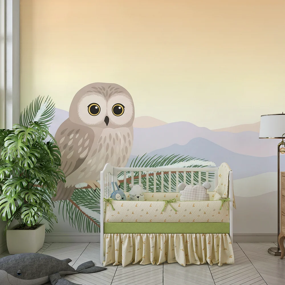 Papel de parede crianç | Coruja fofa em um galho com paisagem de montanha