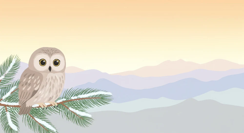 Papel de parede crianç | Coruja fofa em um galho com paisagem de montanha