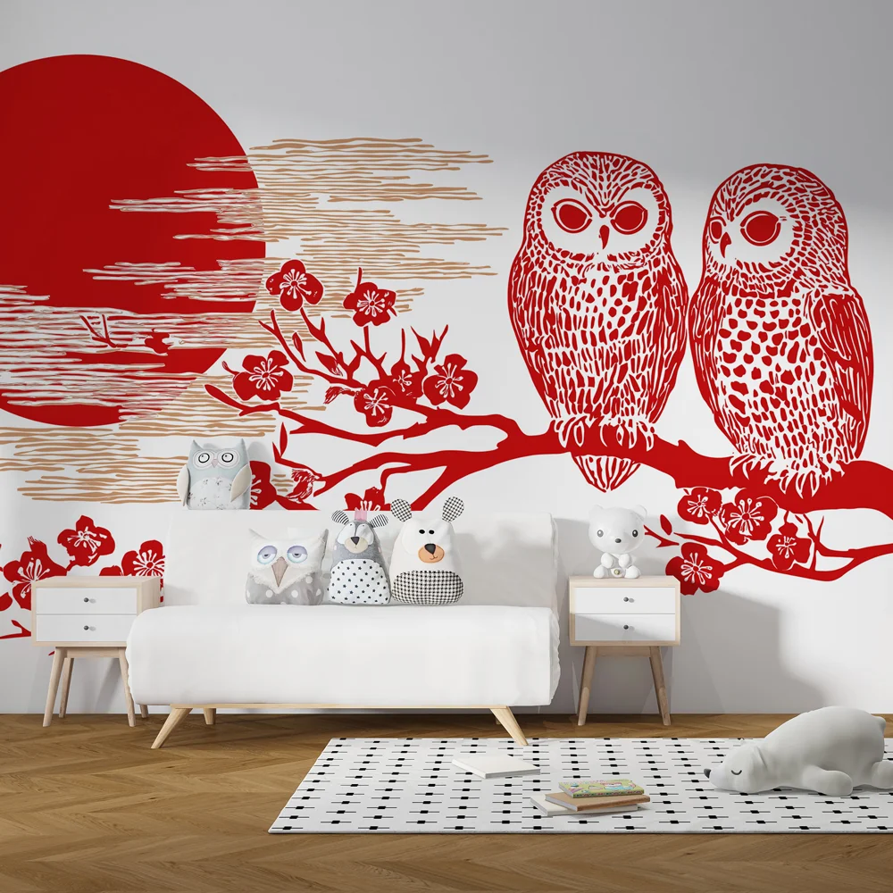 Papel de parede crianç | Corujas e cerejeiras japonesas