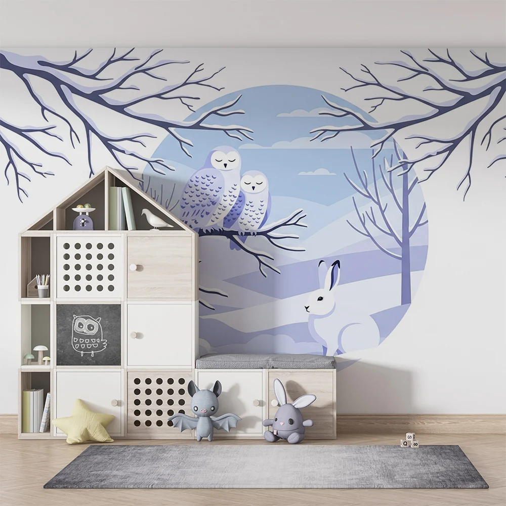 Papel de parede crianç | Corujas e coelho em uma paisagem de inverno tranquila