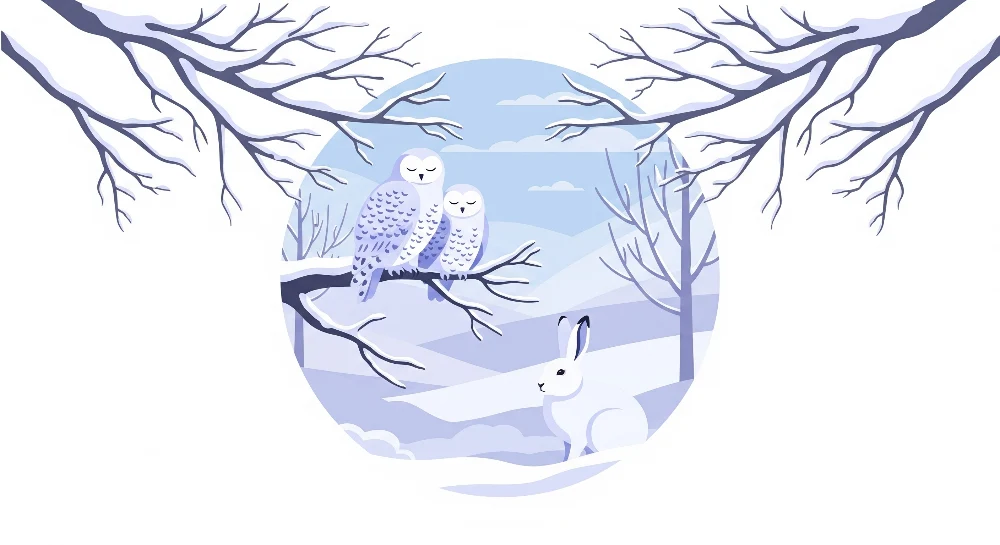 Papel de parede crianç | Corujas e coelho em uma paisagem de inverno tranquila