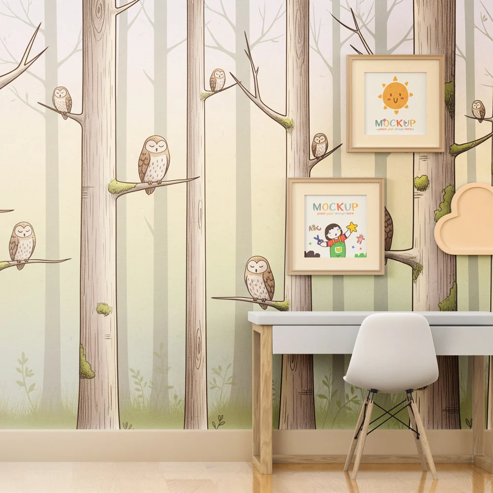 Papel de parede crianç | Corujas na floresta tranquila