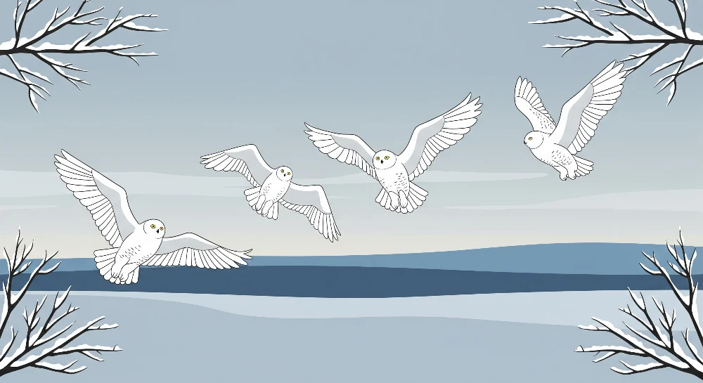 Papel de parede crianç | Corujas em uma paisagem de inverno tranquila