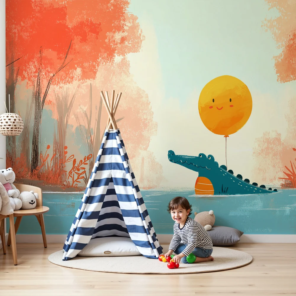 Papel de parede crianç | Crocodilo feliz e sol flutuante