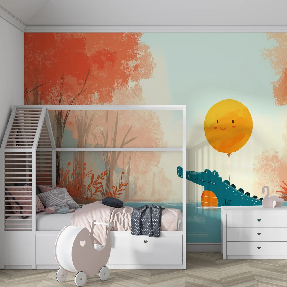 Papel de parede crianç | Crocodilo feliz e sol flutuante