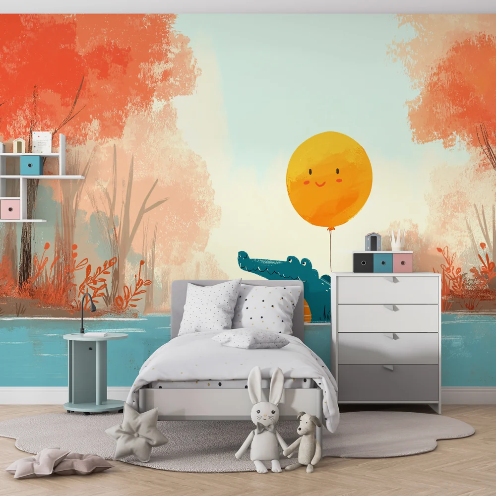Papel de parede crianç | Crocodilo feliz e sol flutuante