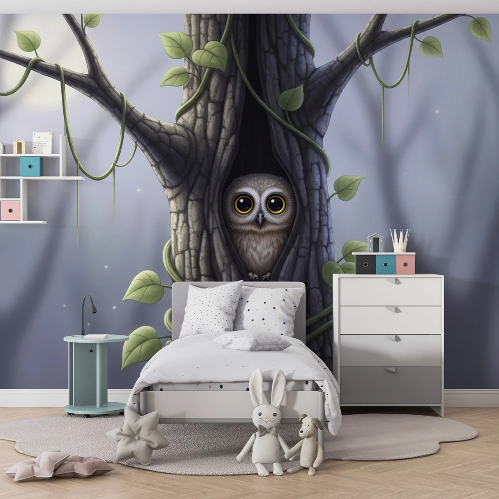 Papel de parede crianç | Curioso coruja e floresta encantada
